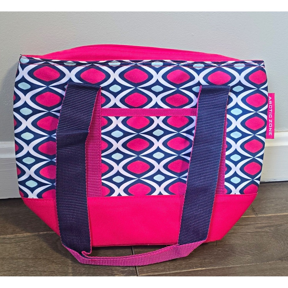 Arctic Zone 9 qt Soft Cooler Tote Bag, Pink/Blue/White Geometric, Strap